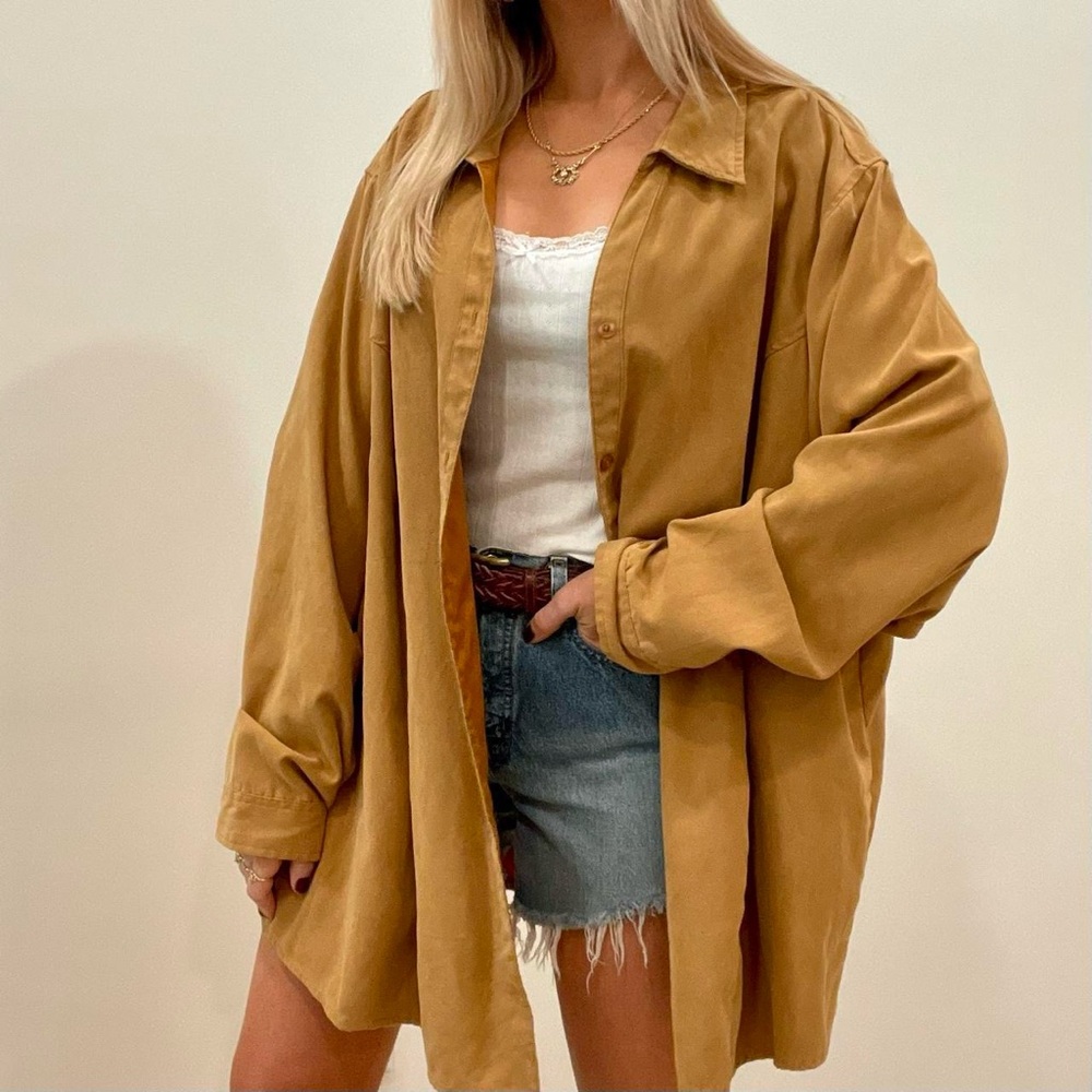 Vintage Faux Suede Oversized Button Up Collared Shirt in Camel Tan